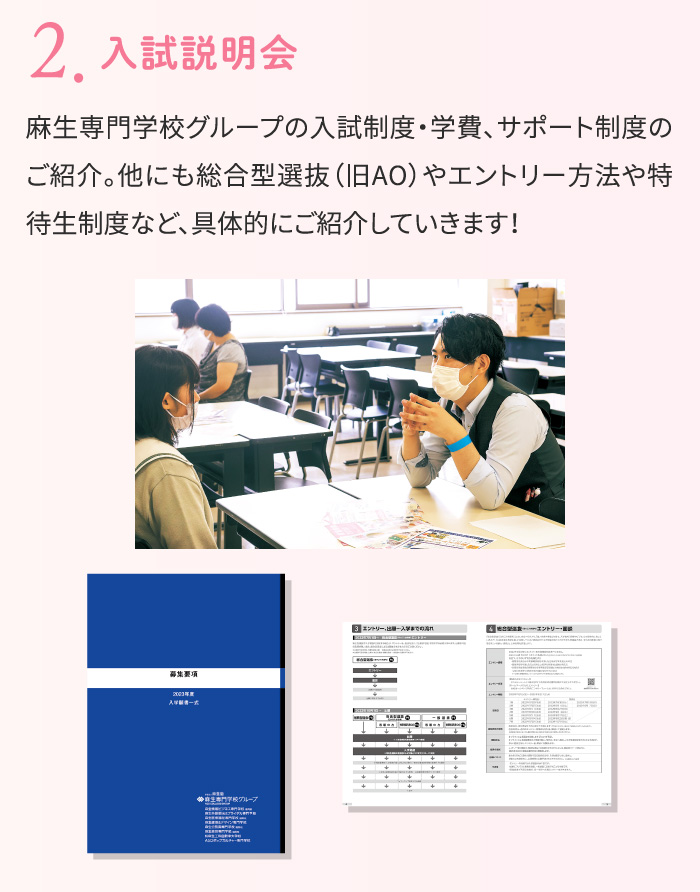 2.入試説明会 麻生専門学校グループの入試制度・学費、サポート制度のご紹介。他にも総合型選抜（旧AO）やエントリー方法や特待生制度など、具体的にご紹介していきます！