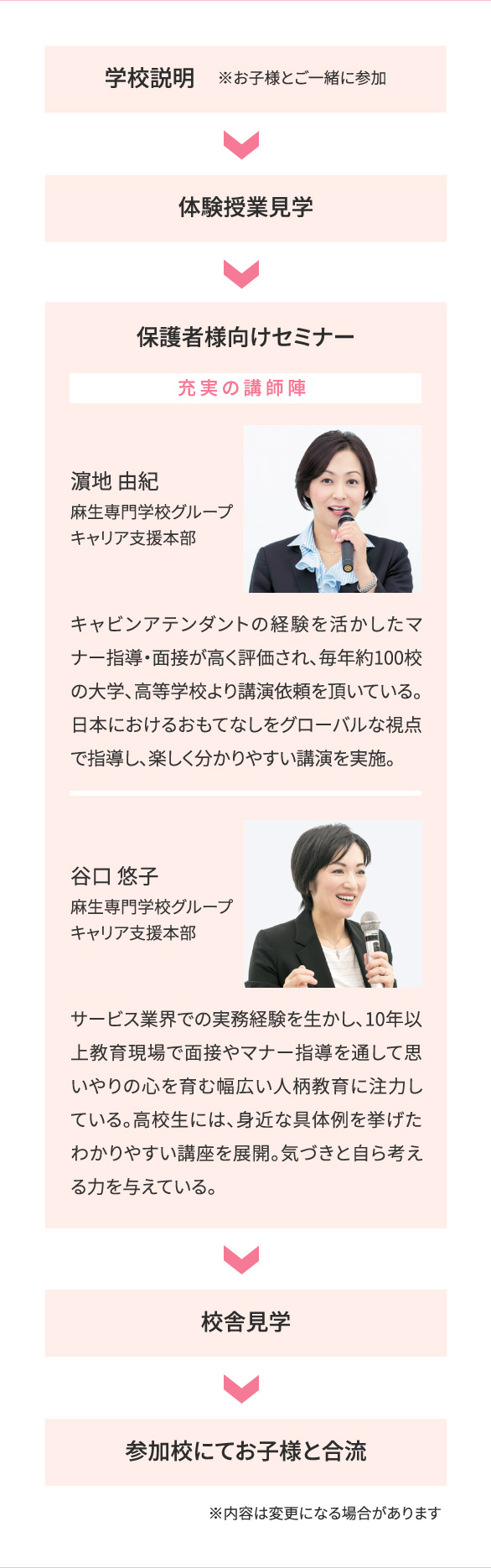 学校説明　※お子様とご一緒に参加 > 体験授業見学 > 保護者様向けセミナー 充実の講師陣 濵地 由紀 麻生専門学校グループキャリア支援本部 キャビンアテンダントの経験を活かしたマナー指導・面接が高く評価され、毎年約100校の大学、高等学校より講演依頼を頂いている。日本におけるおもてなしをグローバルな視点で指導し、楽しく分かりやすい講演を実施。/ 谷口 悠子 麻生専門学校グループキャリア支援本部 サービス業界での実務経験を生かし、10年以上教育現場で面接やマナー指導を通して思いやりの心を育む幅広い人柄教育に注力している。高校生には、身近な具体例を挙げたわかりやすい講座を展開。気づきと自ら考える力を与えている。 > 校舎見学 > 参加校にてお子様と合流 ※内容は変更になる場合があります