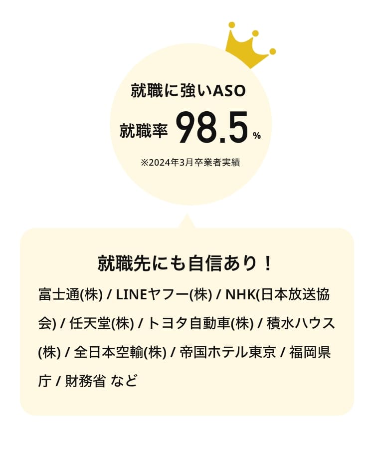 就職にも強いASO 就職率98.5% 就職先にも自信あり！