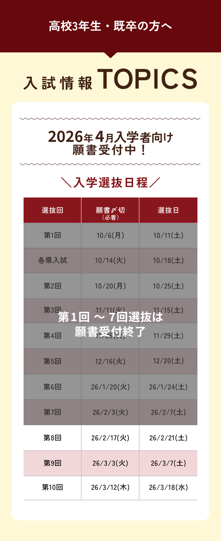 入試情報TOPICS　10.1(水)願書受付スタートしました！　※下記は福岡キャンパス、自動車校の内容になります。その他の学校については募集要項をご覧ください。入学選抜日程　選抜回願書〆切（必着）選抜日　第1回10/6（月） 10/11（土）各県入試10/14（火） 10/18（土）第2回10/20（月） 10/25（土）第3回11/11（火） 11/15（土）第4回11/25（火） 11/29（土）　入学選抜方法　＜総合型選抜＞選抜方法は書類審査が中心　出願許可のためのエントリー受付は終了しました　＜推薦型選抜＞選抜料が全額免除！選抜方法は書類審査が中心　＜一般選抜＞大学・公務員受験、就職との併願可能！書類審査のほか、面接あり　その他学費免除にチャレンジできる特待生制度アリ！詳しくはオープンキャンパスでご確認ください。