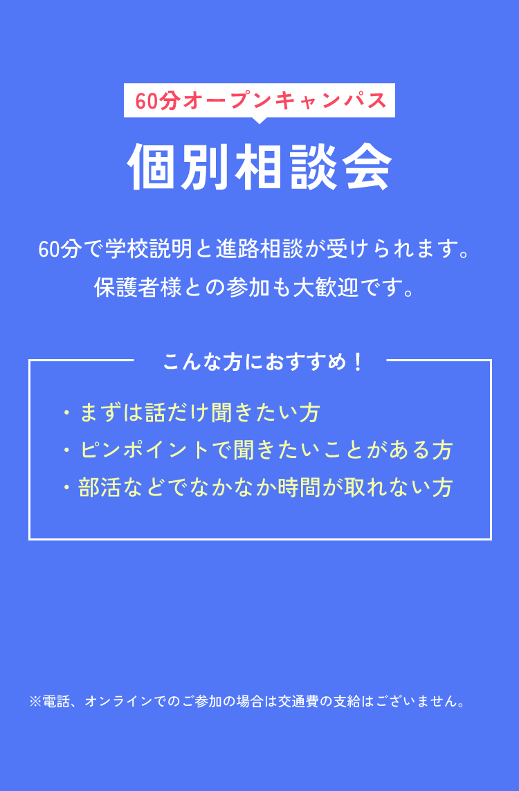 60分オープンキャンパス 個別相談会 60分で学校説明と進路相談が受けられます。保護者様との参加も大歓迎です。 こんな方におすすめ！ ・まずは話だけ聞きたい方 ・ピンポイントで聞きたいことがある方 ・部活などでなかなか時間が取れない方 ※電話、オンラインでのご参加の場合は交通費の支給はございません。